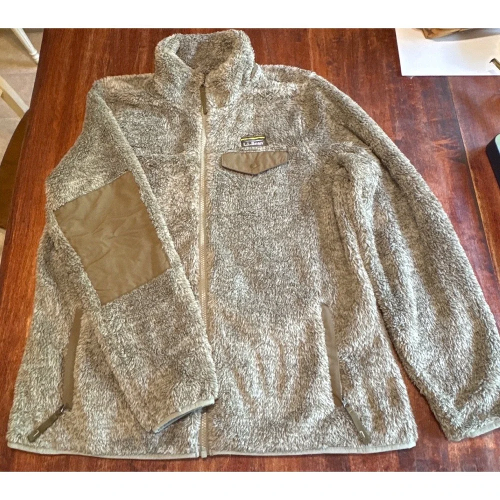 L.L.Bean Hi-Pile Fleece Jacket Mens Large Taupe Excellent‎ Elbow Patch Full Zip